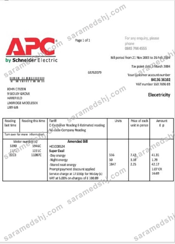 United Kingdom APC electricity utility bill template in Word and PDF format